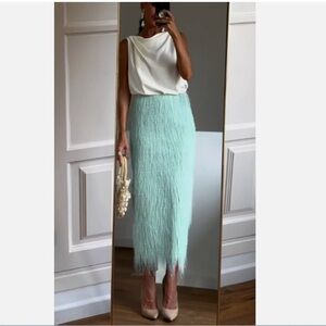 Zara Seafoam Blue Green Fringe Midi Skirt